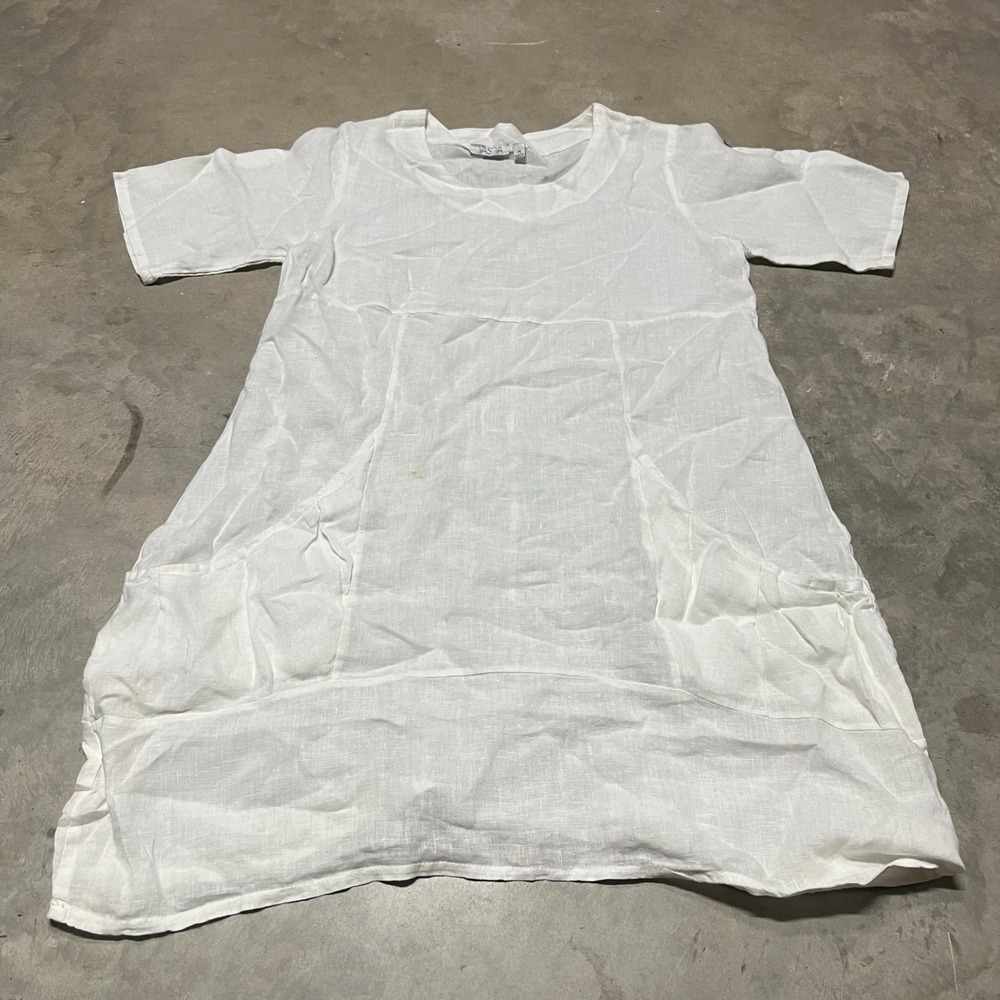 Yasna White 100% Linen Short Sleeve Pocket Shift Dress Made in Italy PS
